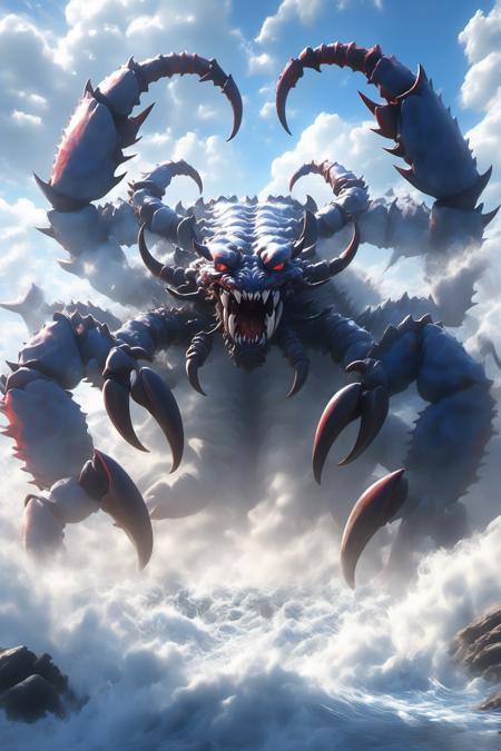 06599-3201302682-Hyperrealistic art BJ_Sacred_beast, Scorpion, open_mouth, red_eyes, outdoors, horns, sky, teeth, day, cloud, water, blue_sky, no.png